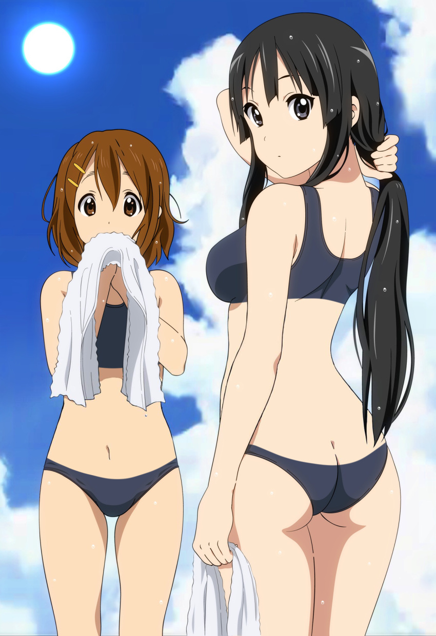 2girls, akiyama_mio, arm_at_side, ass, back, bangs, bare_arms, bare_legs