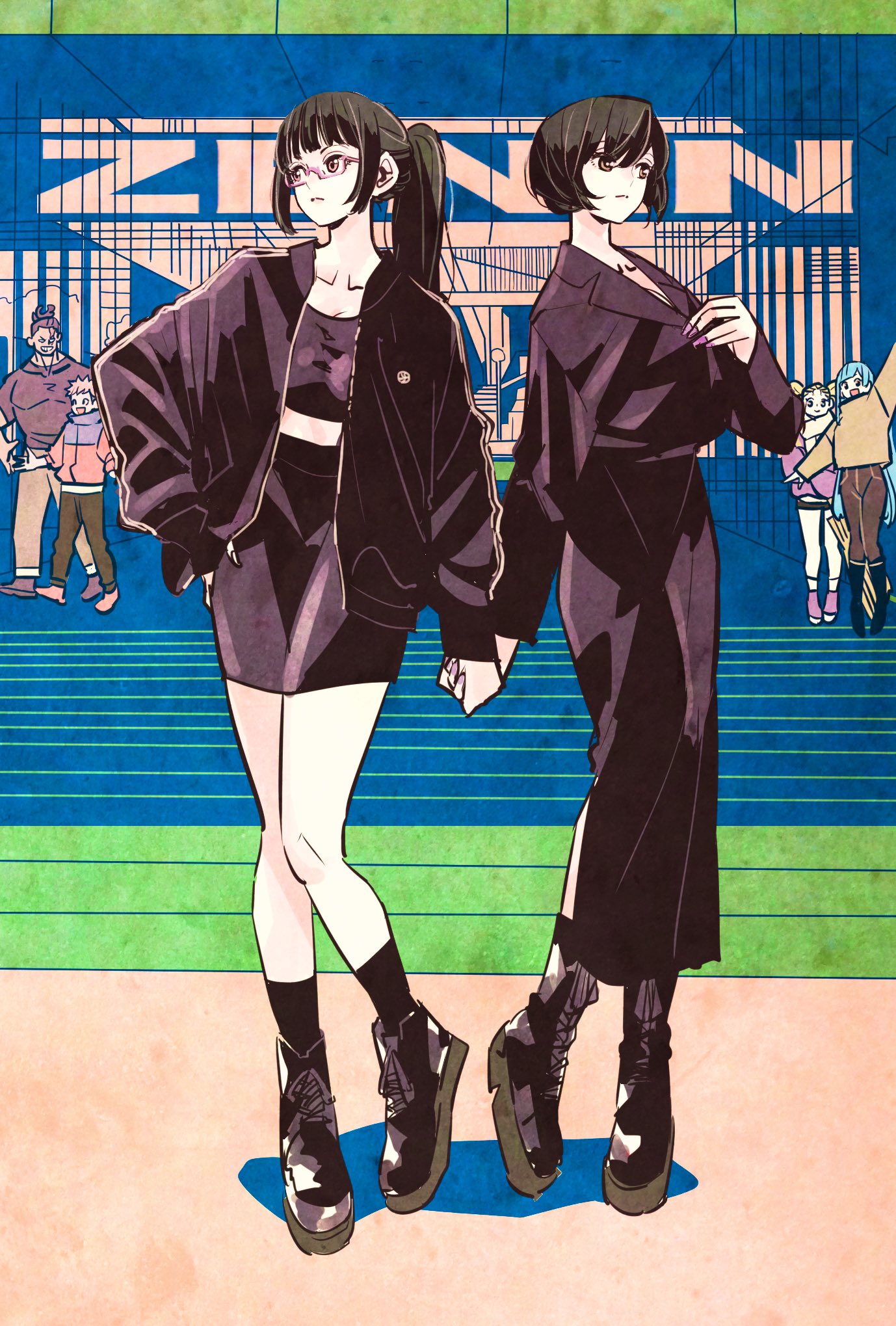 2boys, 4girls, alternate_costume, arm_up, black_footwear, black_hair, black_jacket, black_legwear