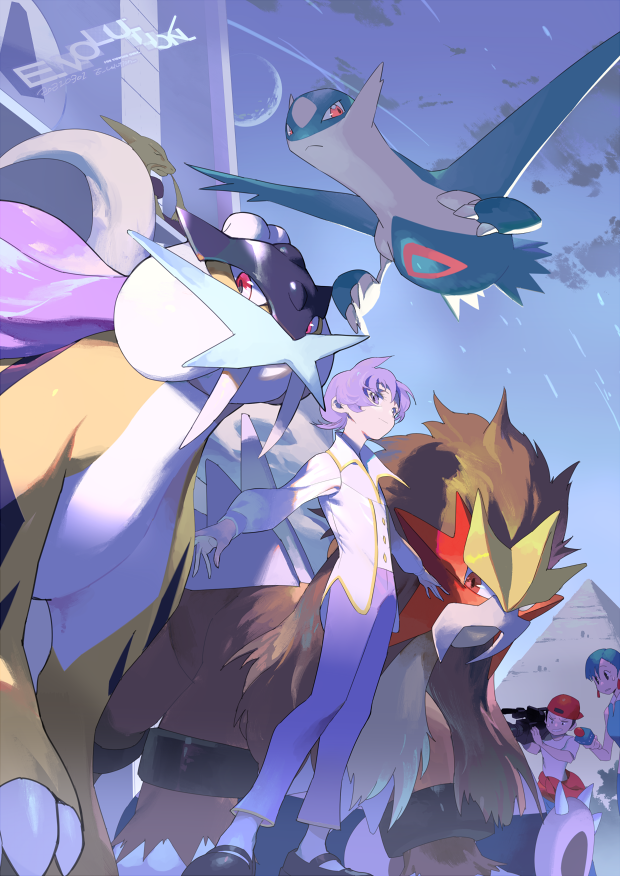1boy, 2girls, anabel_(pokemon), artist_name, bangs, black_footwear, buttons, claws, closed_mouth, clouds, crescent_moon, e_volution, entei, from_below, frontier_brain, gen_1_pokemon, gen_2_pokemon, gen_3_pokemon, green_hair, holding, holding_microphone, interviewers_(pokemon), latios, legendary_pokemon, long_sleeves, microphone, moon, multiple_girls, outdoors, pants, pokemon, pokemon_(game), pokemon_emerald, pokemon_rse, purple_hair, purple_pants, pyramid, raikou, shoes, short_hair, sky, snorlax