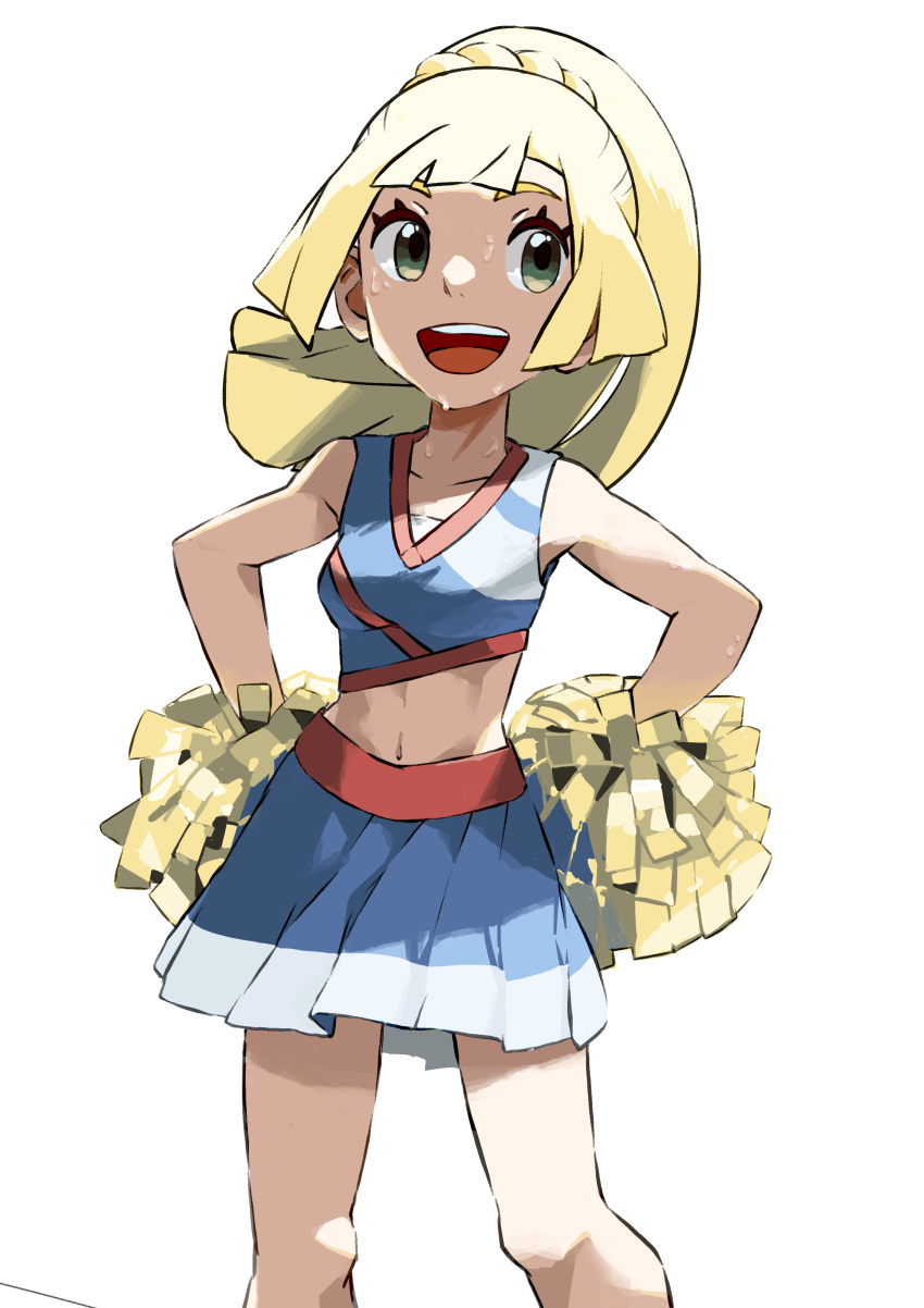 1girl, :d, absurdres, alternate_costume, bangs, bare_arms, blonde_hair, braid, case-k, cheerleader, collarbone, commentary_request, eyelashes, green_eyes, hands_on_hips, highres, knees, lillie_(pokemon), long_hair, navel, open_mouth, pokemon, pokemon_(game), pokemon_sm, pom_poms, ponytail, sideways_glance, skirt, sleeveless, smile, solo, sweat, teeth, tongue, white_background