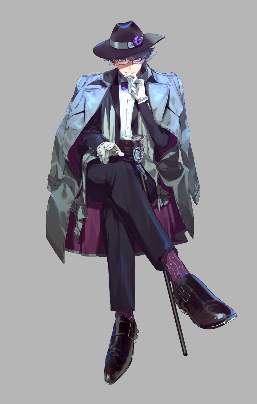 1boy, azul_ashengrotto, black_headwear, black_jacket, black_pants, black_suit, blue_eyes, bow