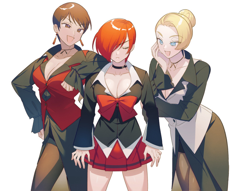 3girls, artist_request, blonde_hair, breasts, choker, genderswap, gloves, hair_ornament, hair_over_one_eye, highres, jacket, jewelry, long_hair, mature_(kof), multiple_girls, red_eyes, redhead, shirt, short_hair, smile, snk_heroines:_tag_team_frenzy, the_king_of_fighters, the_king_of_fighters_'95, the_king_of_fighters_'96, vice_(kof), yagami_iori