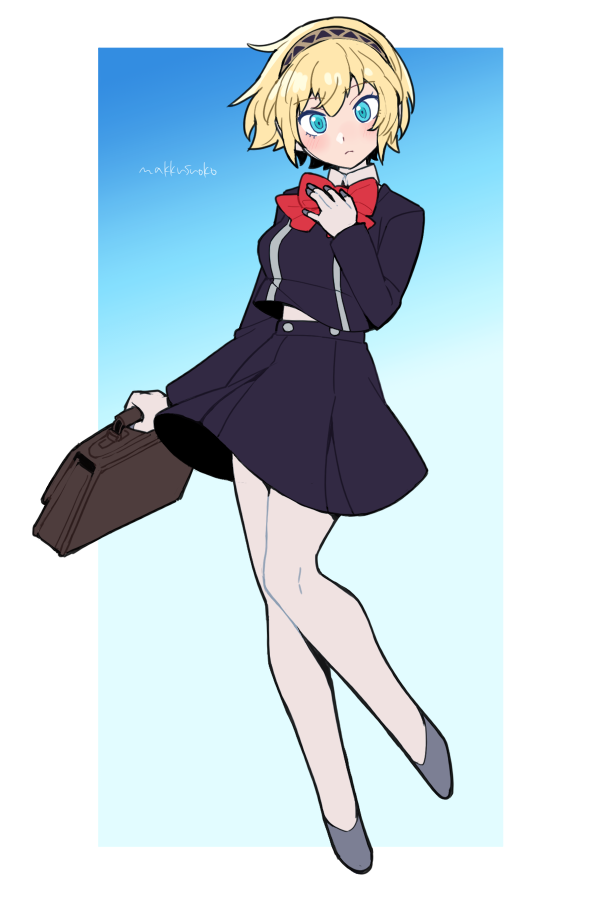 1girl, aegis_(persona), android, armband, blonde_hair, blue_eyes, blush, bow
