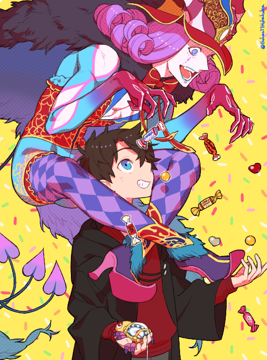 2boys, argyle, argyle_legwear, black_hair, blue_eyes, blue_lips, candy, cape, carrying, center_opening, colored_skin, colorful, confetti, crossed_legs, curly_hair, demon_boy, fate/grand_order, fate_(series), food, fujimaru_ritsuka_(male), fur-trimmed_cape, fur_collar, fur_trim, gao, grin, hat, headpiece, high_heels, horns, long_sleeves, makeup, male_focus, medium_hair, mephistopheles_(fate), multicolored, multicolored_background, multicolored_eyes, multiple_boys, multiple_tails, open_mouth, pantyhose, piggyback, purple_hair, red_shirt, sara_(kurome1127), shirt, short_hair, smile, tail, teardrop, thick_eyebrows, tick_tock_bomb, twitter_username, unzipped, violet_eyes, white_skin, wide_sleeves, yellow_background