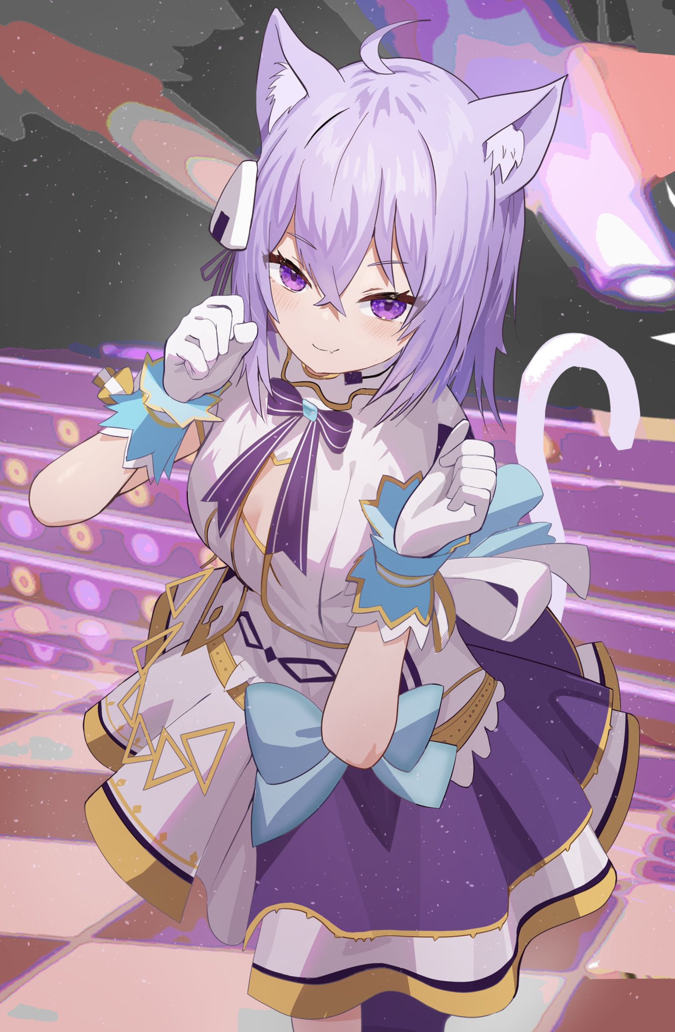 1girl, ahoge, alternate_costume, animal_ears, blue_bow, bow, cat_ears, cat_tail