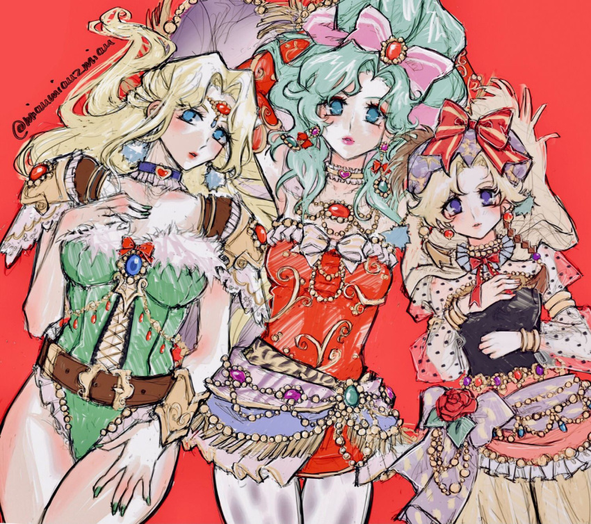 3girls, animal_print, arms_up, belt, beret, blonde_hair, blue_eyes, bow
