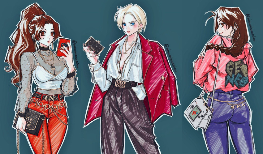 3girls, antenna_hair, ass, bag, belt, black_bag, black_belt, black_choker