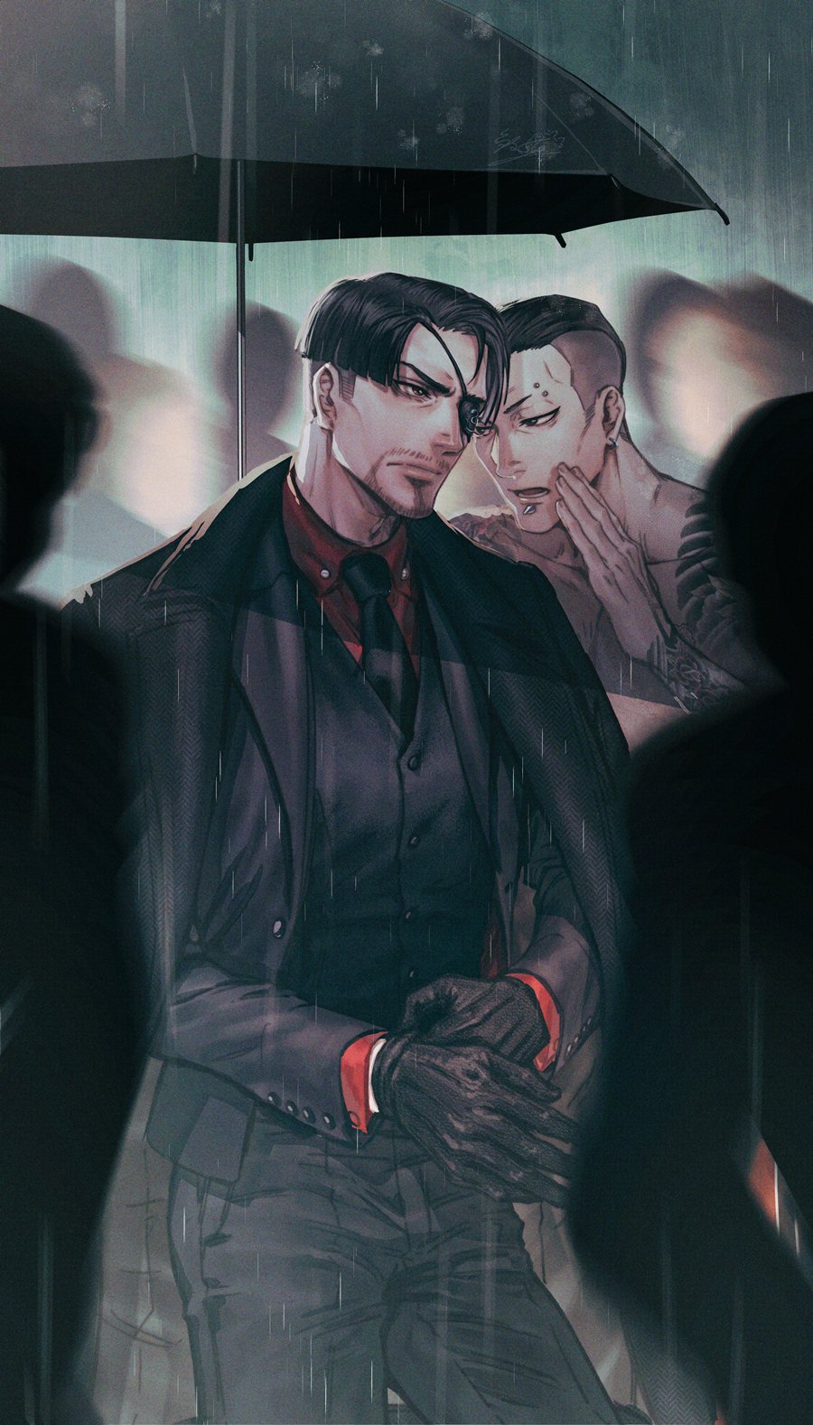 2boys, adjusting_clothes, adjusting_gloves, arm_tattoo, black_eyepatch, black_gloves, black_hair, black_jacket, black_neckwear, black_suit, eyebrow_piercing, eyepatch, facial_hair, flower_tattoo, formal, gloves, goatee, hair_slicked_back, highres, jacket, jacket_on_shoulders, jiao_mao, leather, leather_gloves, majima_gorou, minami_daisaku, mohican, multiple_boys, multiple_girls, necktie, pants, piercing, rain, ryuu_ga_gotoku, ryuu_ga_gotoku_4, shirtless, solo_focus, tattoo, weather, yakuza