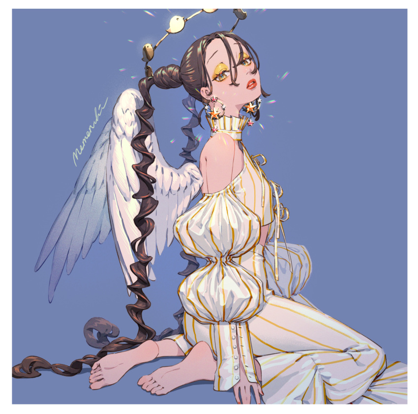 1girl, aburage_(motimotigg20), angel_wings, bare_shoulders, barefoot, blue_background, brown_hair, clothing_cutout, earrings, eyeshadow, feathered_wings, half-closed_eyes, highres, jewelry, long_hair, long_sleeves, makeup, original, shoulder_cutout, signature, simple_background, sitting, solo, star_(symbol), star_earrings, twintails, very_long_hair, white_wings, wings, yellow_eyes