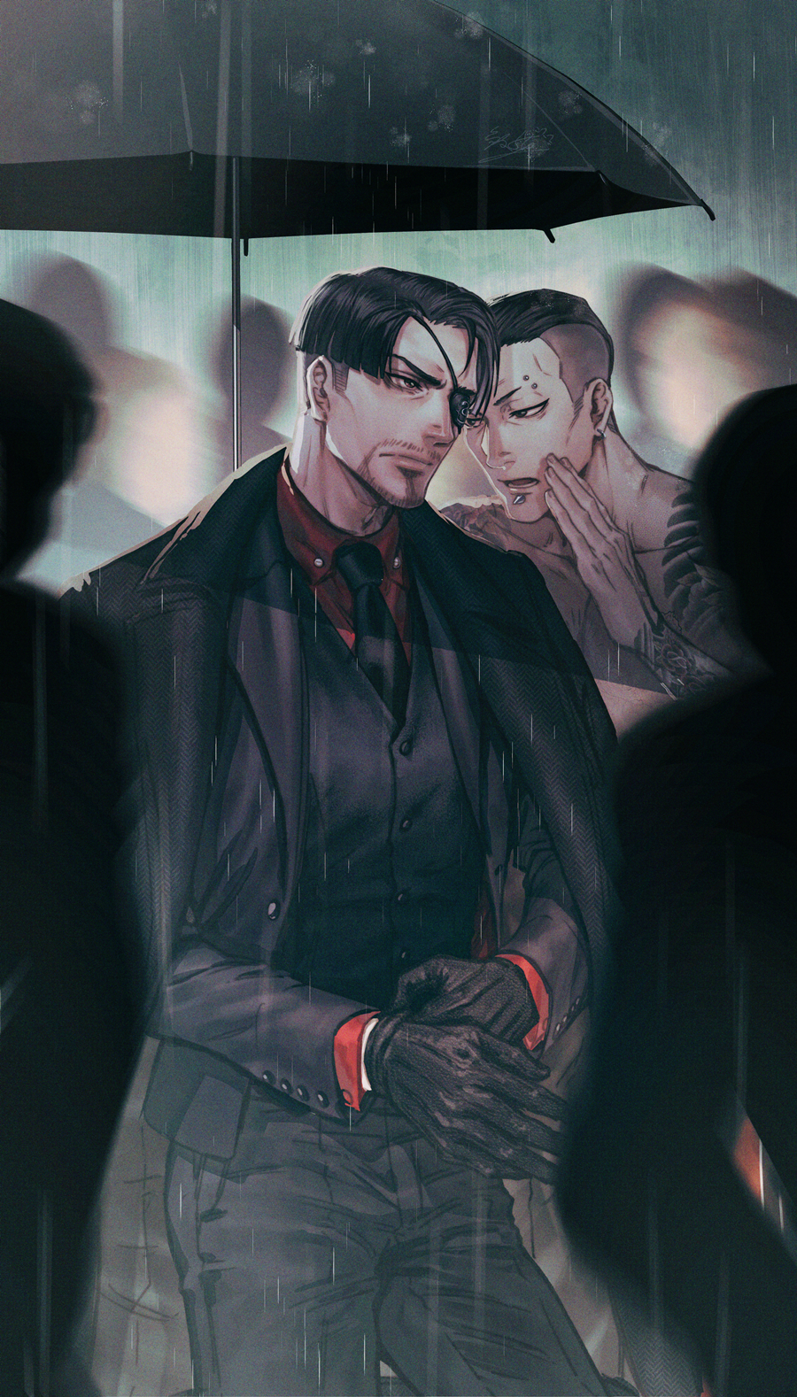 2boys, adjusting_clothes, adjusting_gloves, arm_tattoo, black_eyepatch, black_gloves, black_hair, black_jacket