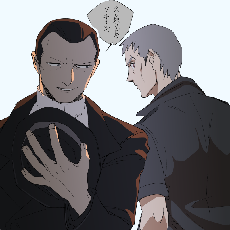 2boys, brown_hair, closed_mouth, commentary_request, fingernails, giovanni_(pokemon), grey_hair, hand_up