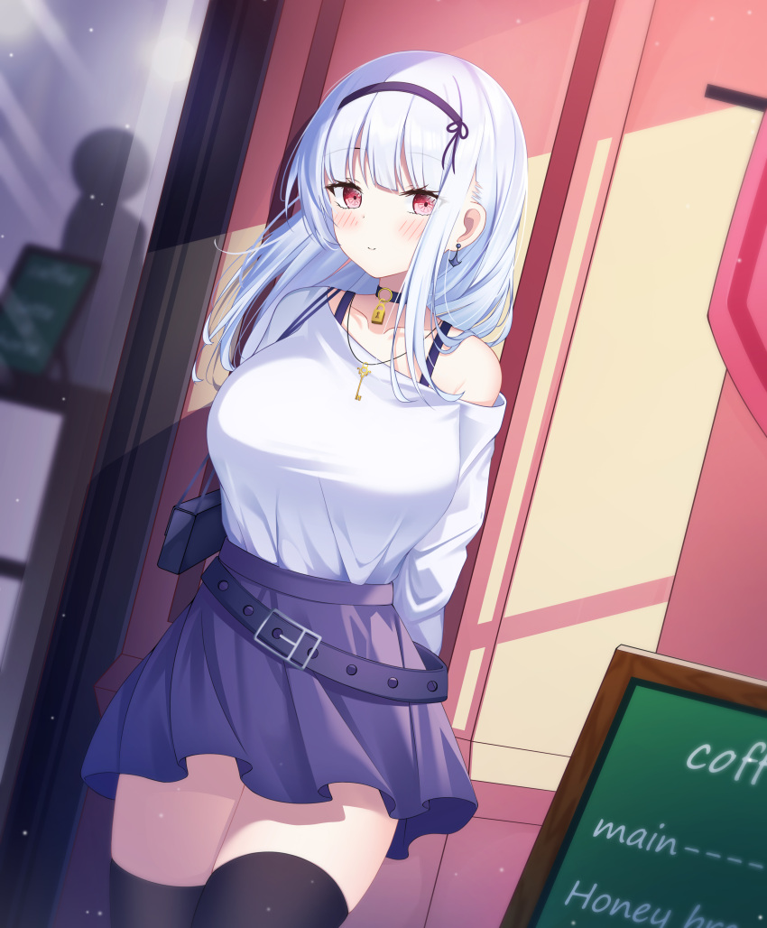1girl, absurdres, arms_behind_back, azur_lane, bag, belt, black_legwear, blush, bra_strap, breasts, choker, closed_mouth, dido_(azur_lane), earrings, hairband, highres, holding, holding_bag, jewelry, key, lin_(user_uzmw2535), long_hair, looking_at_viewer, purple_choker, purple_skirt, red_eyes, shirt, silver_hair, simple_background, skirt, solo, standing, thigh-highs, white_shirt