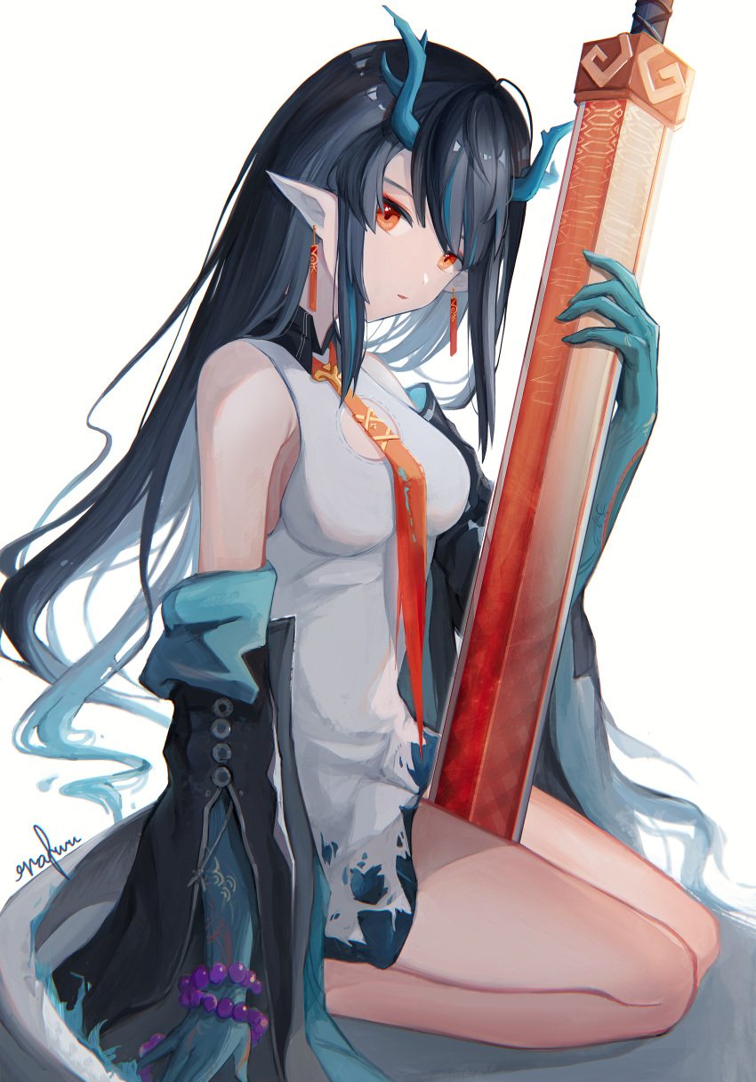 1girl, absurdres, arknights, bead_bracelet, beads, between_legs, black_hair, bracelet