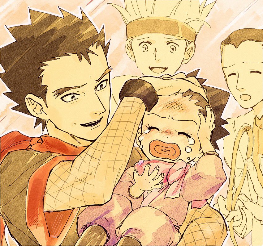 1girl, 3boys, bangs, brown_hair, carrying, closed_eyes, commentary_request, crying