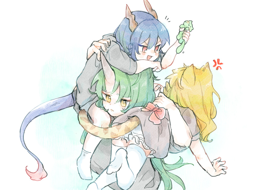 3girls, anger_vein, animal_ears, arknights, black_shirt, blonde_hair, blue_hair, blush