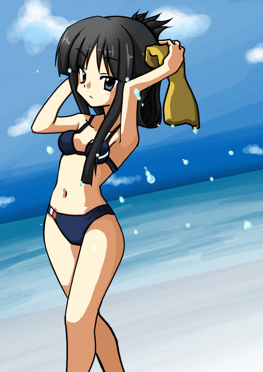 alternate_hairstyle, bikini, black_eyes, black_hair, highres, k-on!, long_hair, meimun, solo, swimsuit, towel