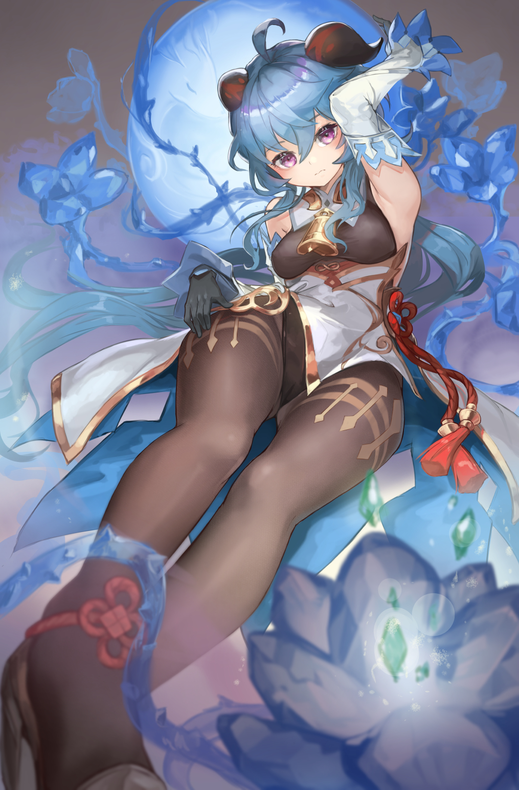 1girl, ahoge, akira0171, armpits, bell, black_legwear, blue_hair, detached_sleeves