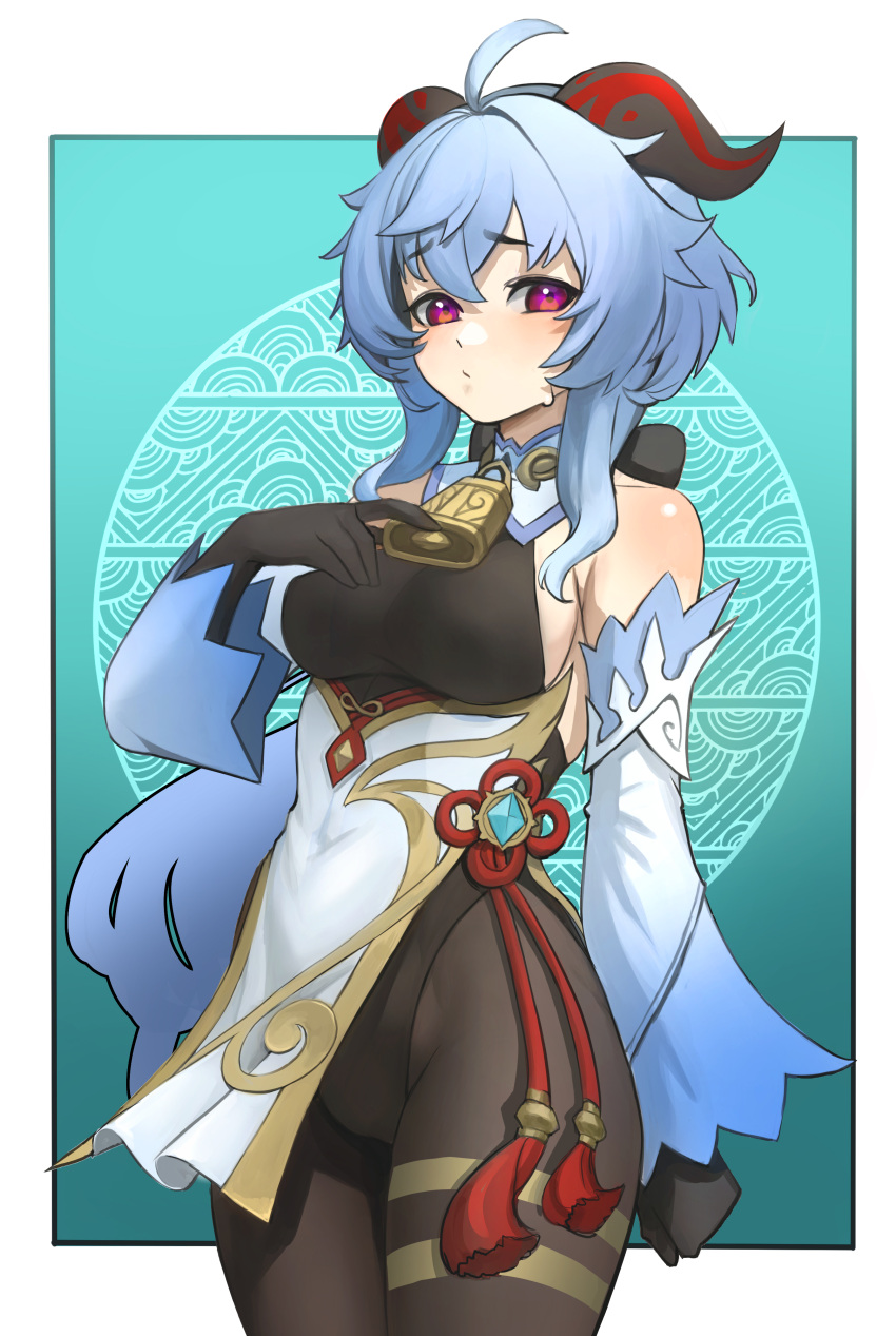 1girl, absurdres, bare_shoulders, black_gloves, black_legwear, blue_hair, blush, breasts