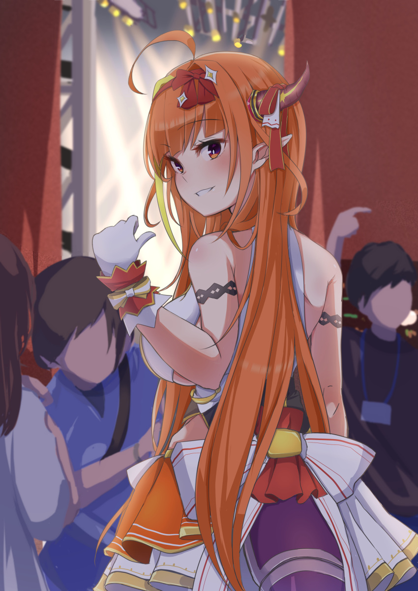 1girl, absurdres, ahoge, armlet, backstage, bare_arms, bare_shoulders, bow_hairband