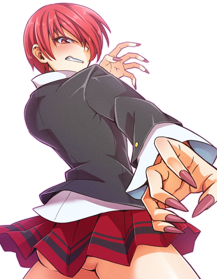 1girl, abiko_yuuji, angry, ass, collared_shirt, dress_shirt, from_below, genderswap