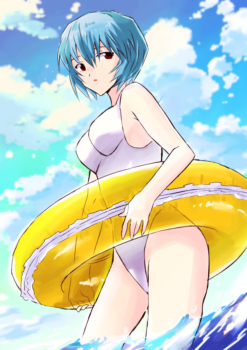 1girl, ayanami_rei, blue_hair, blue_sky, clouds, commentary, hair_between_eyes, highres, holding, holding_innertube, innertube, looking_at_viewer, nago_0313, neon_genesis_evangelion, ocean, one-piece_swimsuit, red_eyes, short_hair, sky, solo, swimsuit, wading, white_swimsuit