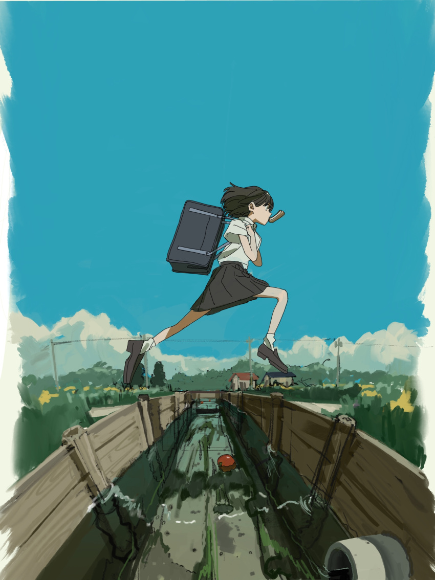 1girl, absurdres, bag, black_hair, canal, food, highres, jumping