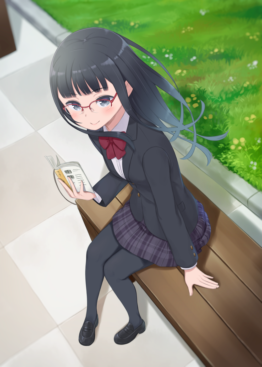1girl, bangs, bench, black_eyes, black_footwear, black_hair, black_jacket, black_legwear