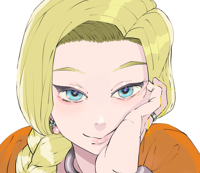 1girl, bianca_(dq5), blonde_hair, blue_eyes, braid, close-up, closed_mouth, dragon_quest, dragon_quest_v, earrings, hair_over_shoulder, head_rest, highres, jewelry, long_hair, looking_at_viewer, peiroke, ring, side_braid, simple_background, smile, solo, wedding_band, white_background