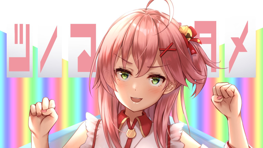 ahoge, bell, eyebrows_visible_through_hair, green_eyes, hair_bell, hair_between_eyes, hair_ornament, hairclip, highres, hololive, looking_at_viewer, merxkialis, nail_polish, open_mouth, pink_hair, pink_nails, rock_paper_scissors, sakura_miko, upper_teeth, v-shaped_eyebrows, virtual_youtuber, x_hair_ornament