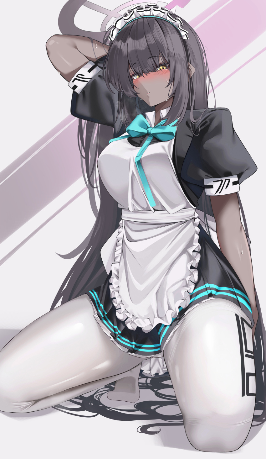 1girl, absurdres, apron, bangs, bannou_ippoutsukou, black_hair, blue_archive, blush