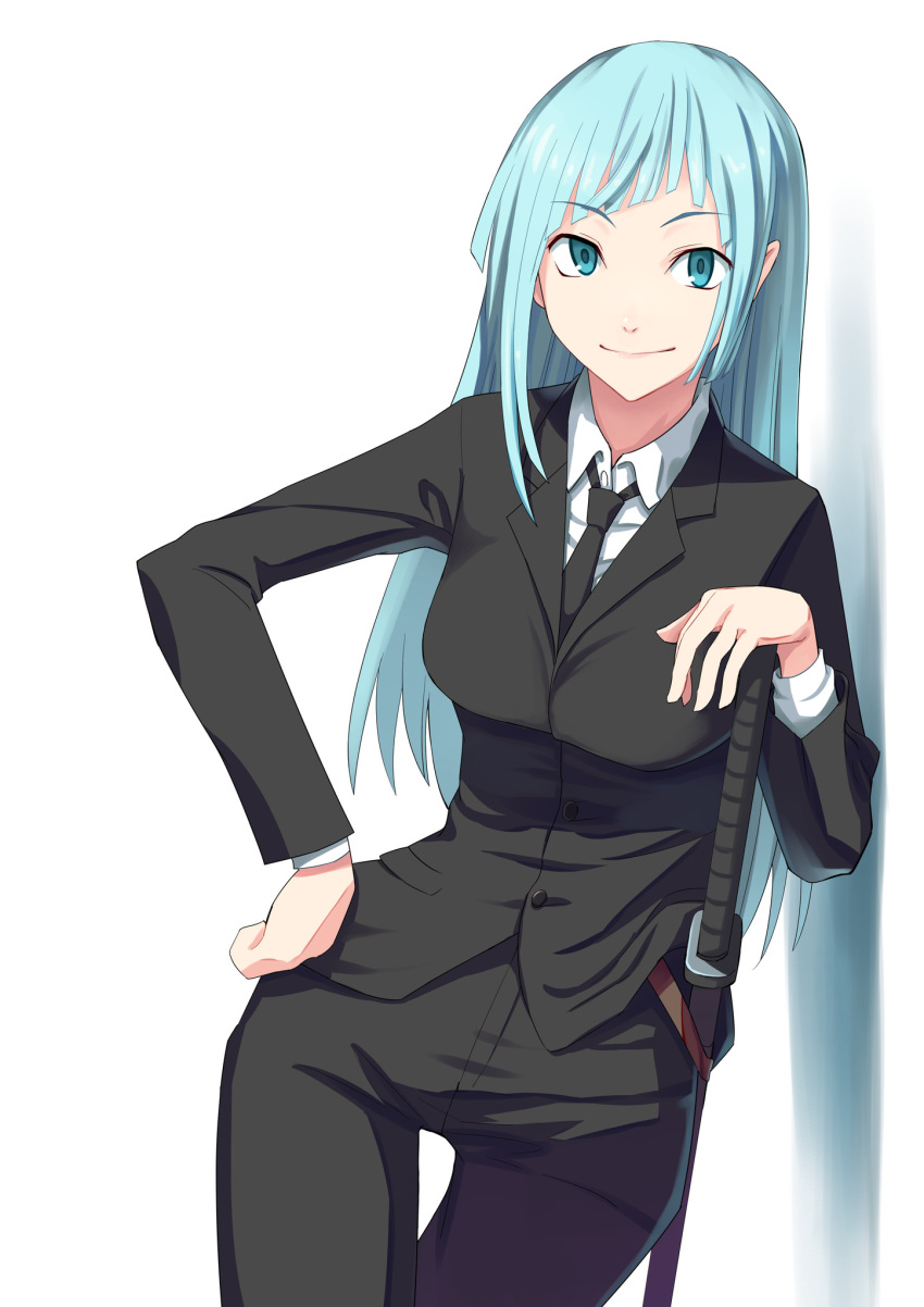 1girl, against_wall, asymmetrical_bangs, bangs, black_jacket, black_neckwear, black_pants, black_suit, blue_eyes, breasts, closed_mouth, collared_shirt, commentary, cowboy_shot, eyebrows_visible_through_hair, formal, hand_on_hip, highres, jacket, jujutsu_kaisen, katana, leaning, light_blue_hair, lips, long_hair, long_sleeves, looking_at_viewer, making-of_available, medium_breasts, miwa_kasumi, necktie, pant_suit, pants, pila_(pilayamato), scabbard, sheath, sheathed, shirt, simple_background, smile, solo, straight_hair, suit, sword, weapon, white_background, white_shirt