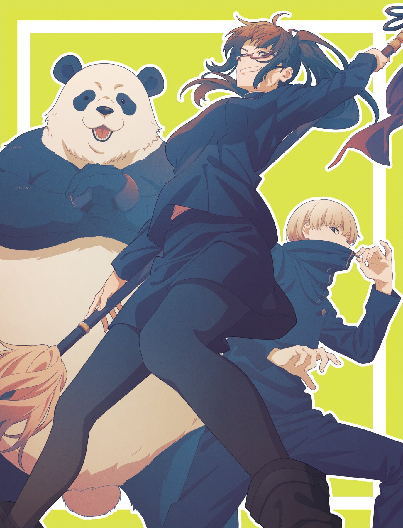 1boy, 1girl, animal, bangs, black_eyes, black_footwear, black_hair, black_jacket, black_legwear, black_pants, black_skirt, blunt_bangs, breasts, feet_out_of_frame, gakuran, glasses, green_background, grin, high_collar, highres, holding, holding_polearm, holding_weapon, inumaki_toge, jacket, jujutsu_kaisen, long_sleeves, medium_breasts, panda, panda_(jujutsu_kaisen), pants, pantyhose, polearm, ponytail, school_uniform, shoes, short_hair, silver_hair, simple_background, skirt, smile, standing, tsuu_(tu-3), weapon, zenin_maki