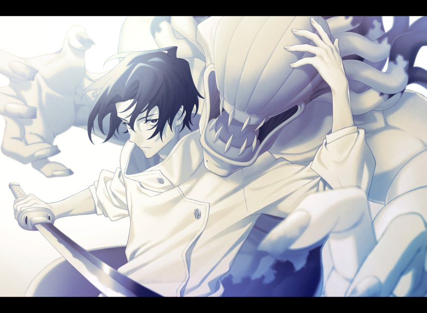 1boy, arm_up, bangs, black_border, border, closed_mouth, greyscale, high_collar