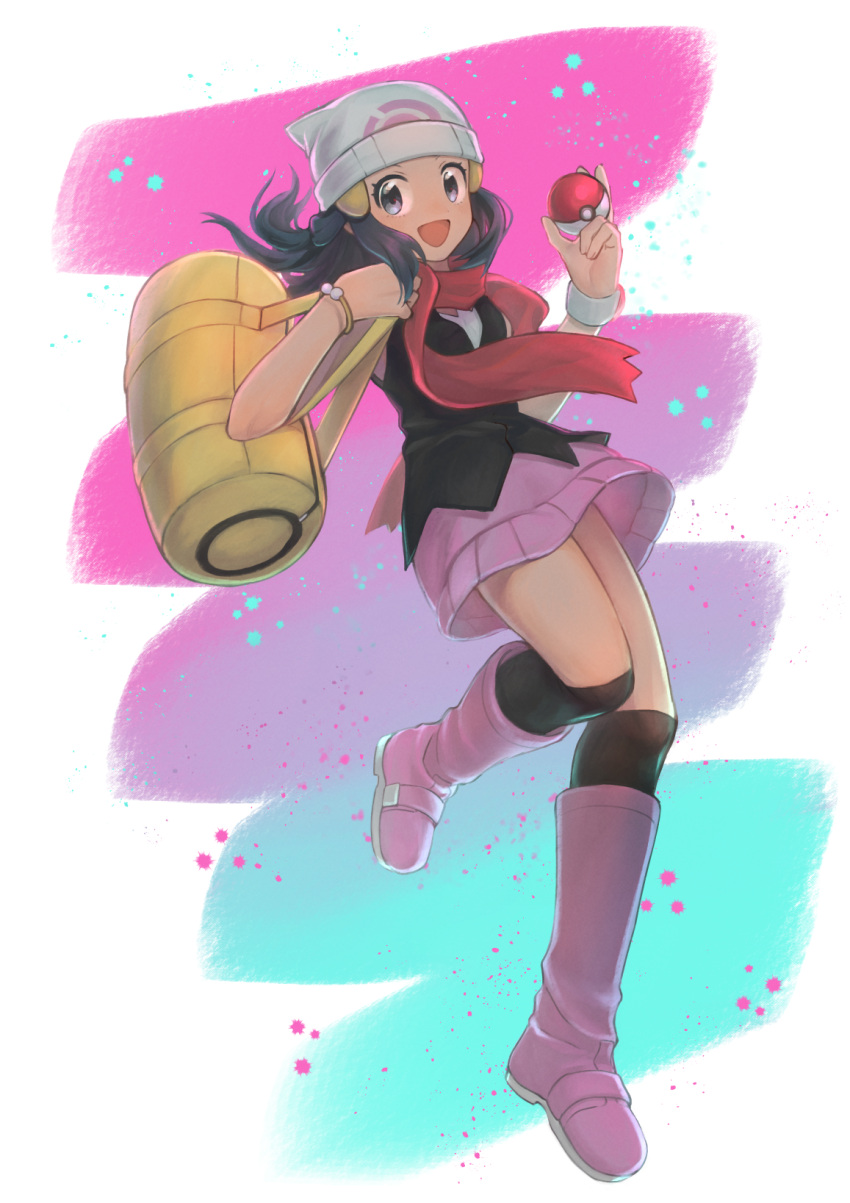 1girl, :d, bag, black_hair, boots, bracelet, commentary_request, hikari_(pokemon), duffel_bag, eyelashes, floating_scarf, full_body, grey_eyes, hair_ornament, hairclip, highres, holding, holding_poke_ball, jewelry, kokuro_(kosyari), long_hair, looking_at_viewer, open_mouth, over-kneehighs, pink_footwear, poke_ball, poke_ball_(basic), pokemon, pokemon_(game), pokemon_dppt, red_scarf, scarf, shirt, sidelocks, skirt, sleeveless, sleeveless_shirt, smile, solo, thigh-highs, yellow_bag