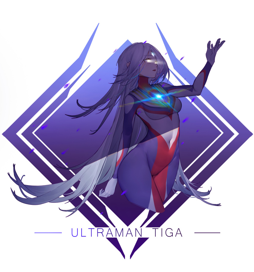1girl, absurdres, bangs, bodysuit, breasts, character_name, color_timer, commentary, english_text, eyebrows_visible_through_hair, forehead_jewel, genderswap, genderswap_(mtf), glowing, glowing_eyes, guguguxuegege, highres, long_hair, medium_breasts, personification, sidelocks, silver_hair, solo, ultra_series, ultraman_tiga, ultraman_tiga_(series), very_long_hair, yellow_eyes