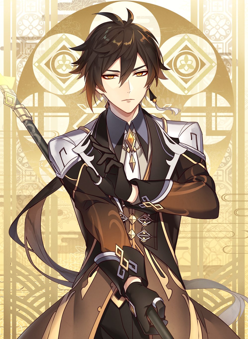 1boy, bangs, black_gloves, black_hair, brown_hair, closed_mouth, genshin_impact, gloves