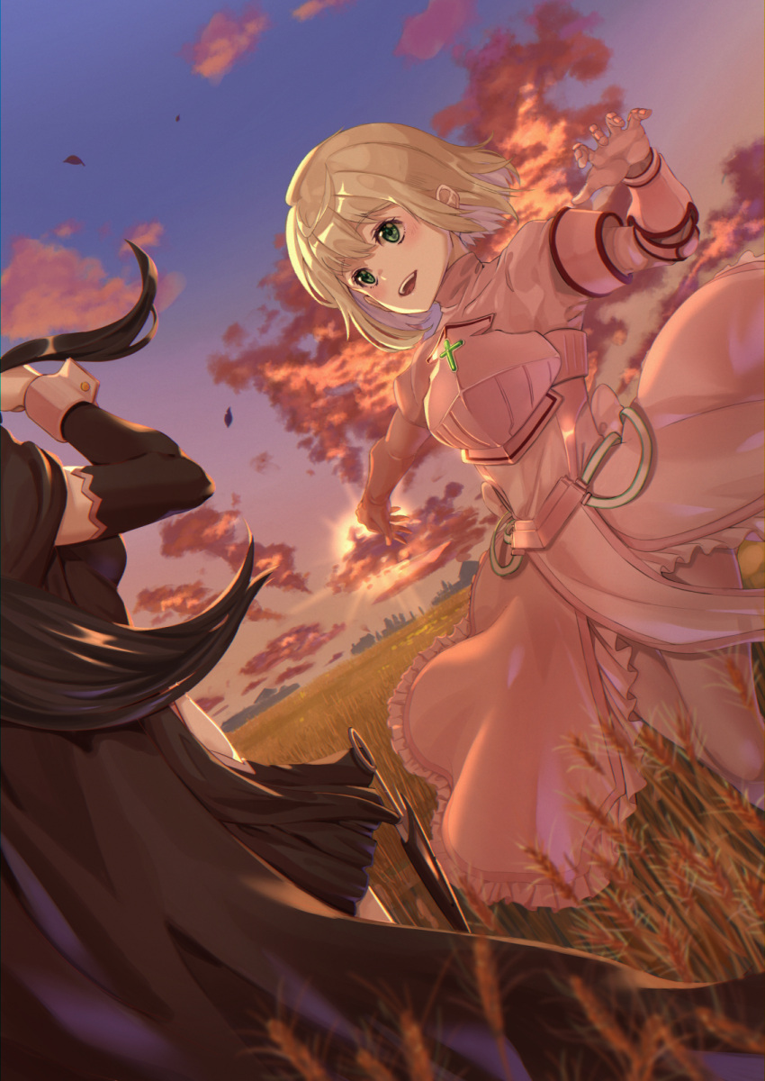 2girls, armor, black_hair, blonde_hair, breastplate, cape, dagger, gauntlets