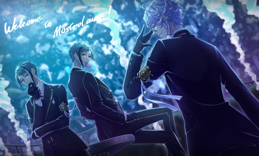 3boys, adjusting_eyewear, ahoge, air_bubble, armband, azul_ashengrotto, black_gloves, black_hair