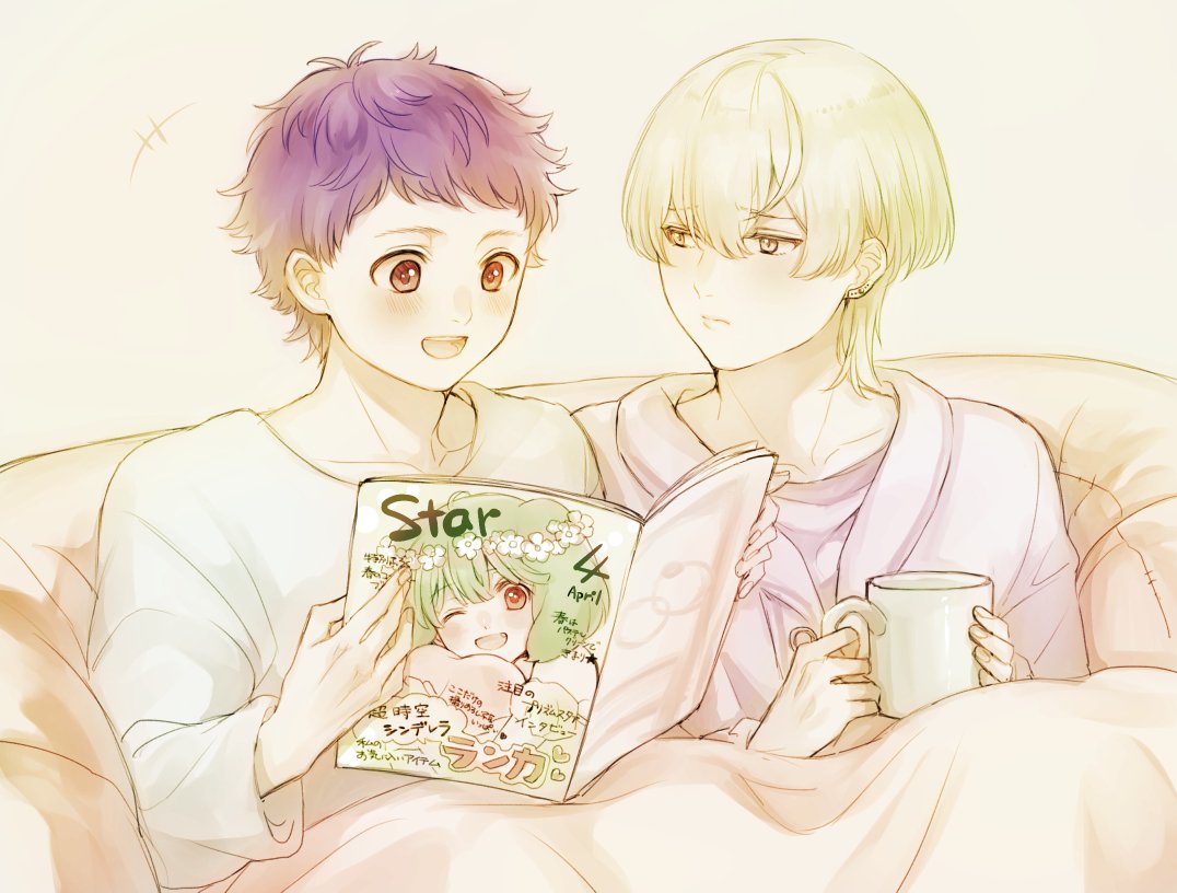 1girl, 2boys, blonde_hair, blue_hair, blush, green_hair, ichijou_shin, kimidori_(kimidoriri)
