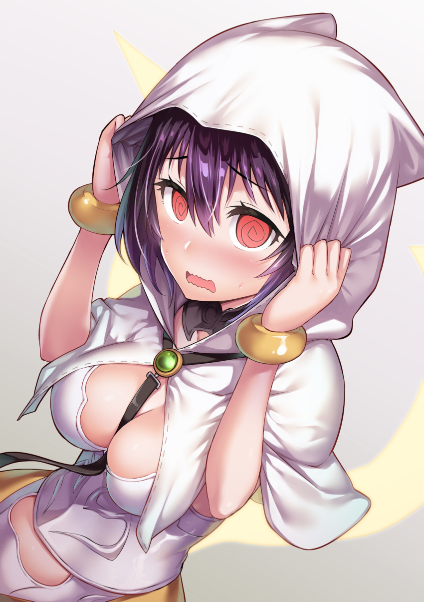 1girl, @_@, armor, armored_dress, bangs, black_hair, blush, bracelet