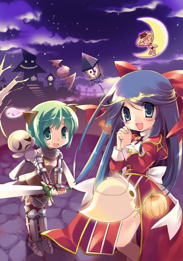 3girls, :d, animal_ears, animal_on_head, armor, armored_boots, bangs, bat, blue_eyes, blue_hair, blush, boots, bow, bowtie, breastplate, brown_cape, brown_legwear, cape, cat, cat_ears, cat_on_head, chainmail, closed_mouth, commentary_request, crescent_moon, cross, dress, eyebrows_visible_through_hair, feet_out_of_frame, full_body, gauntlets, ghost, gibbet, graveyard, green_eyes, green_hair, heart, high_priest_(ragnarok_online), holding, holding_sword, holding_weapon, ikusabe_lu, juliet_sleeves, knight_(ragnarok_online), leotard, long_hair, long_sleeves, looking_at_viewer, lude_(ragnarok_online), moon, multiple_girls, night, on_head, open_mouth, own_hands_together, puffy_sleeves, pumpkin, ragnarok_online, red_bow, red_dress, red_neckwear, sky, smile, socks, standing, star_(sky), starry_sky, sweatdrop, sword, tombstone, tree, triangular_headpiece, two-tone_dress, weapon, whisper_(ragnarok_online), white_bow, white_dress
