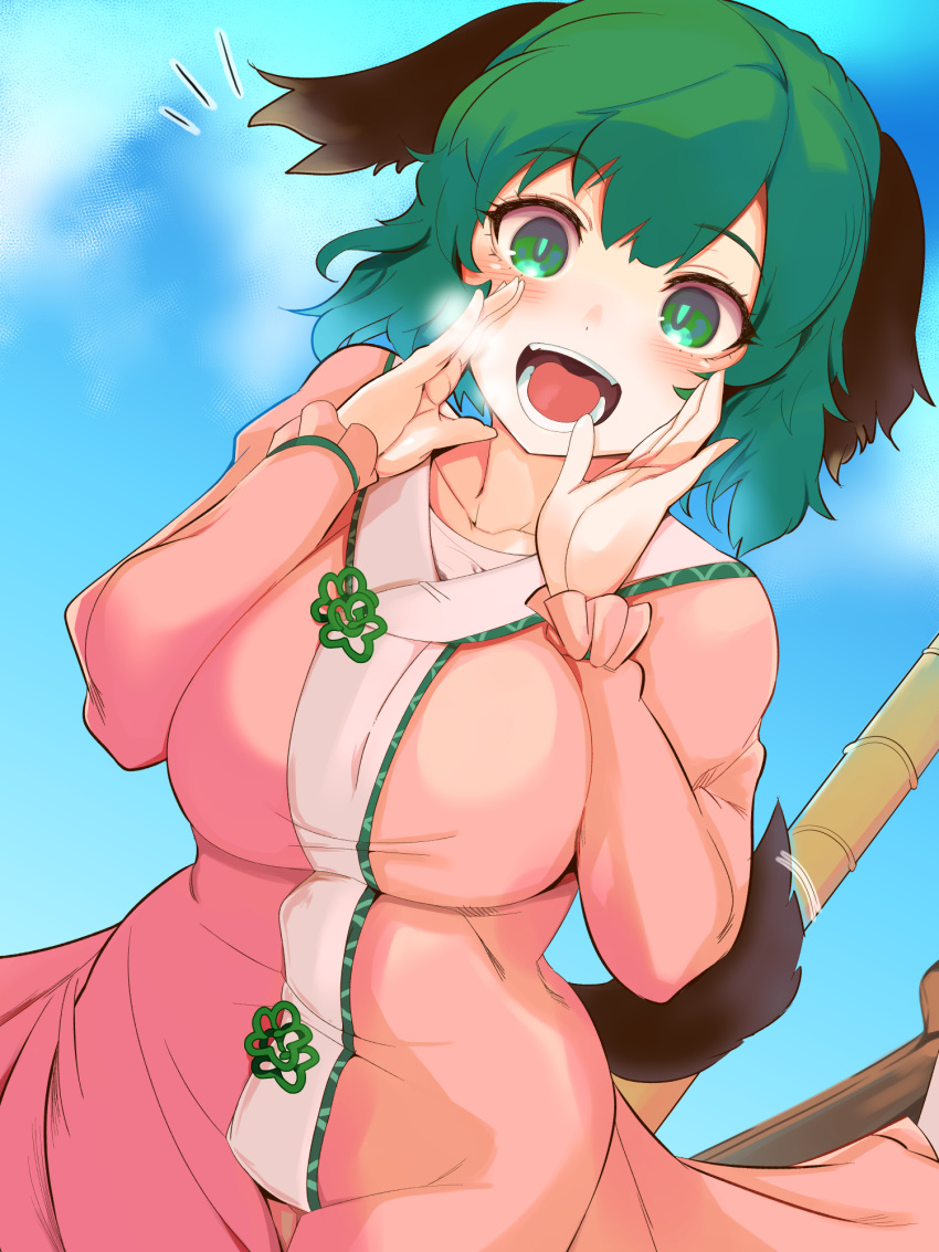 1girl, animal_ears, bamboo_broom, blue_sky, blush, breasts, broom, clouds
