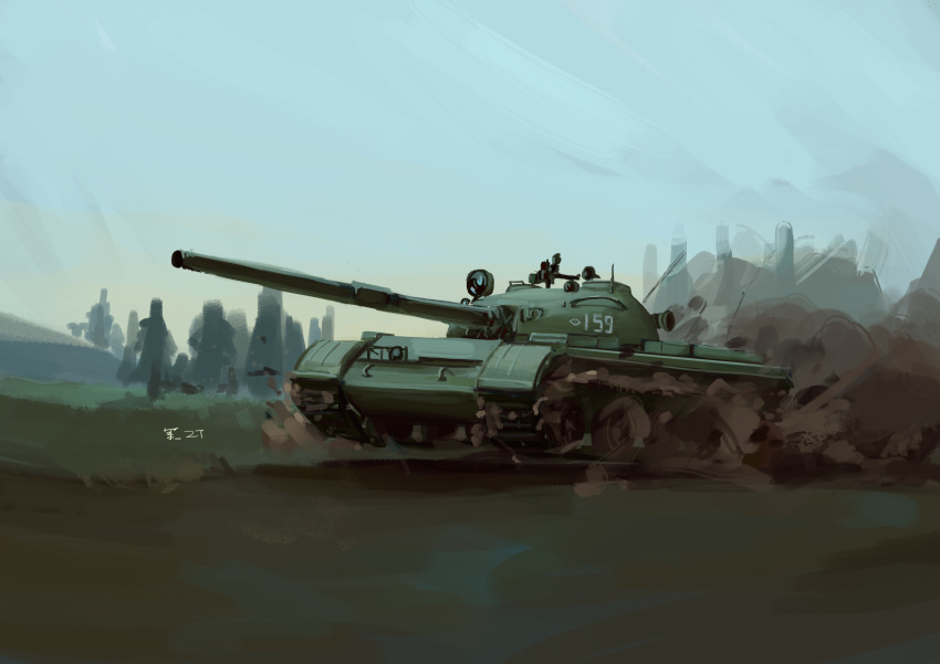 absurdres, artist_name, dust, ground_vehicle, highres, jun_zt, military, military_vehicle, motor_vehicle, no_humans, original, skyline, solo, t-62, tank, tank_focus, tank_turret, vehicle_focus