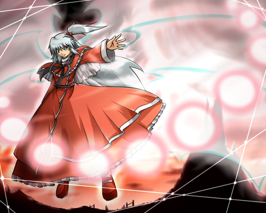 danmaku, grey_eyes, hair_bobbles, hair_ornament, long_hair, magic, red_sky, shinki