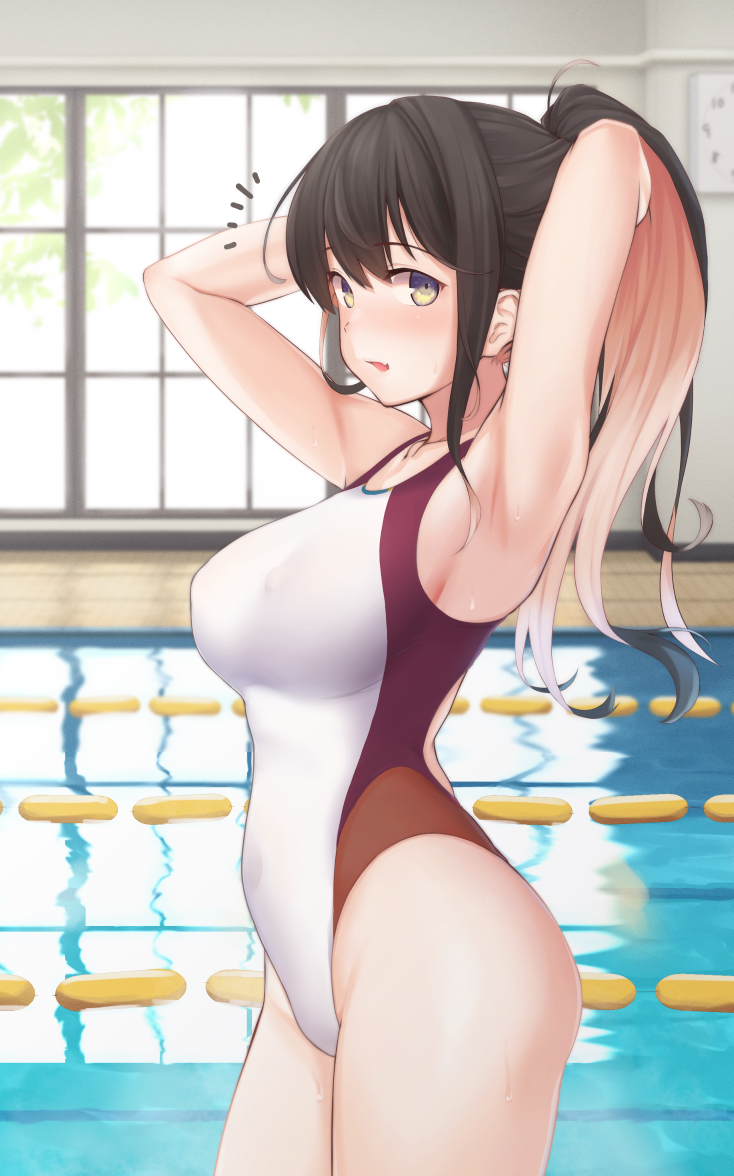 1girl, adjusting_hair, alternate_costume, alternate_hairstyle, armpits, arms_behind_head, arms_up, ass
