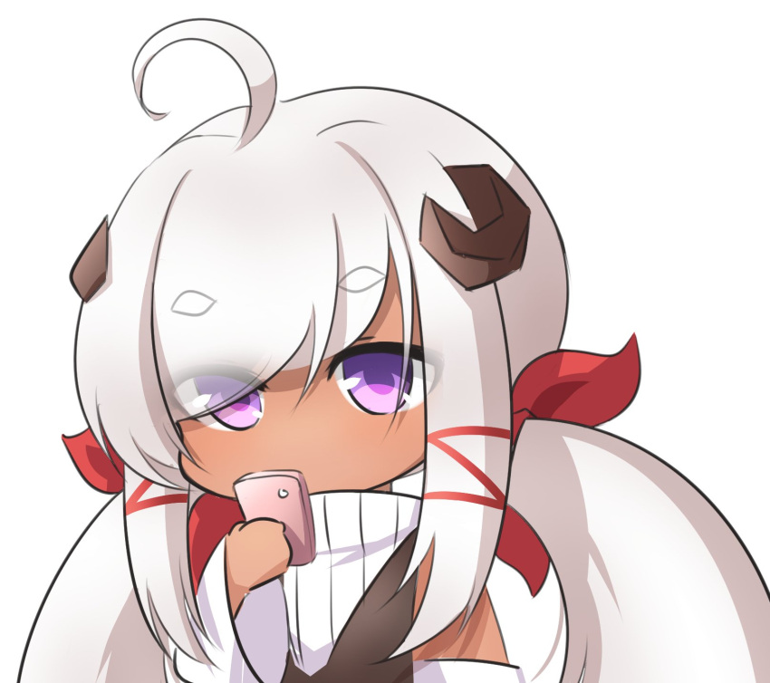 1girl, ahoge, bow, chibi, dark_skin, dark-skinned_female, detached_sleeves, eyebrows_visible_through_hair