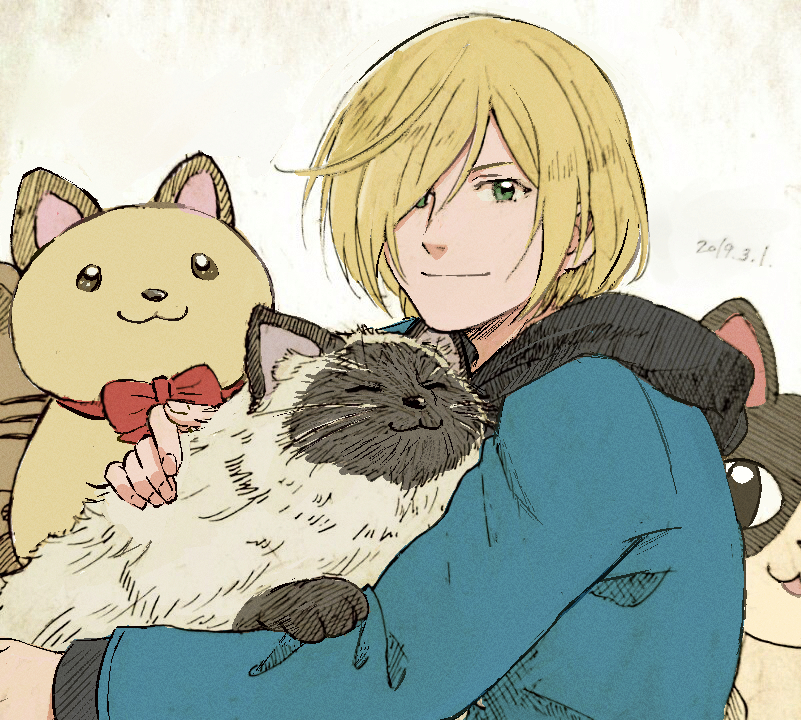 1boy, blonde_hair, cat, dated, green_eyes, hair_over_one_eye, hood, hooded_jacket