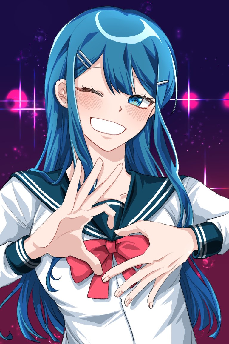 1girl, bangs, blue_eyes, blue_hair, blush, bow, collarbone, commentary_request, dangan_ronpa:_trigger_happy_havoc, dangan_ronpa_(series), grin, hair_ornament, hairclip, heart, heart_hands, long_hair, long_sleeves, looking_at_viewer, maizono_sayaka, motocho_(hyang_new), multicolored, multicolored_background, one_eye_closed, pink_background, purple_background, red_bow, sailor_collar, school_uniform, serafuku, shiny, shiny_hair, shirt, smile, solo, upper_body, white_shirt