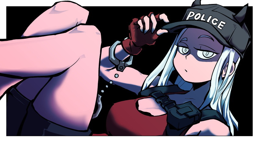 absurdres, bare_shoulders, black_background, black_headwear, black_horns, breasts, commentary_request, cuffs, english_commentary, feet_out_of_frame, fingerless_gloves, from_side, frown, gloves, hand_on_headwear, handcuffs, hat, helltaker, highres, horns, horns_through_headwear, justice_(helltaker), large_breasts, lemontansan, long_hair, looking_at_viewer, lying, medium_breasts, mixed-language_commentary, on_side, police, police_hat, police_uniform, policewoman, red_gloves, solo, uniform
