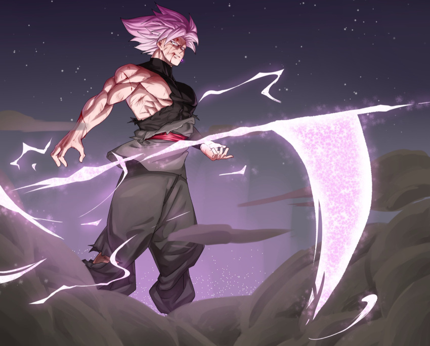 1boy, blood, blood_from_mouth, dougi, dragon_ball, dragon_ball_super, earrings, energy_weapon, evil_smile, feet_out_of_frame, floating, floating_object, floating_weapon, goku_black, grin, highres, injury, jewelry, long_sleeves, male_focus, mo_(db_momo_gb), muscular, muscular_male, no_nipples, pants, pectorals, pink_hair, scythe, shirt, single_bare_shoulder, smile, smoke, solo, spiky_hair, super_saiyan, super_saiyan_rose, torn_clothes, torn_pants, torn_shirt, wind